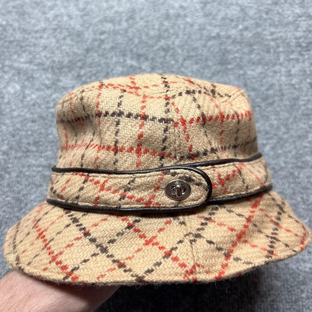 Coach Hat Bucket Womens S Beige Wool Plaid Tweed Lined Leather Trim Winter